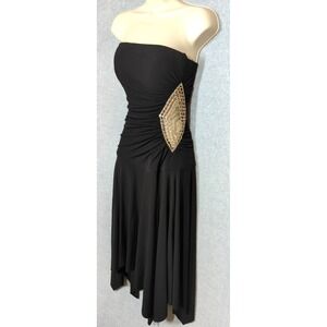 VTG Cache Strapless Formal Midi Dress 8 Blk Rhinestone Handkerchief Hem Dk Fairy